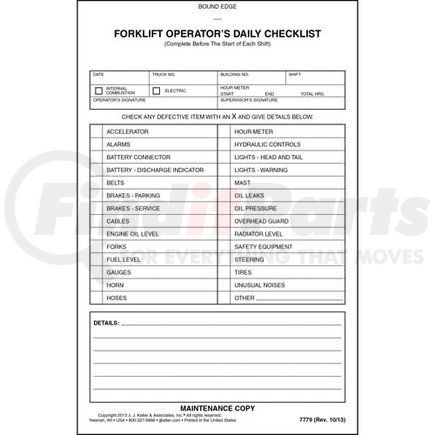 JJ Keller 7779 Forklift Operator Daily Checklist - Book Format, Carbonless - 2-ply, carbonless, book format