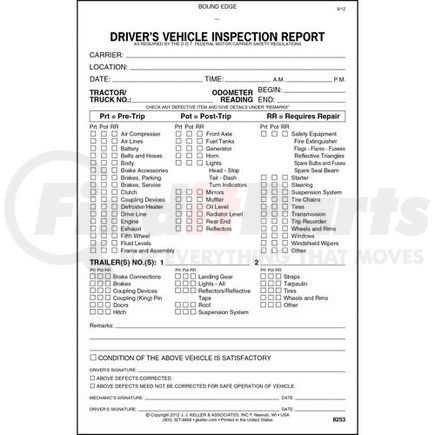 JJ Keller 8253 Detailed Driver's Vehicle Inspection Report With Pre-/Post-Trip, 2-Ply, Carbonless