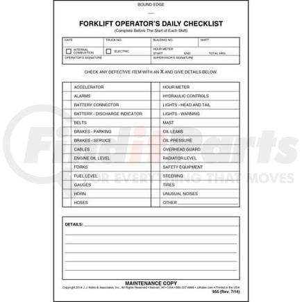 JJ Keller 955 Forklift Operator Daily Checklist - Book Format w/ Carbon - 2-ply, with carbon, book format