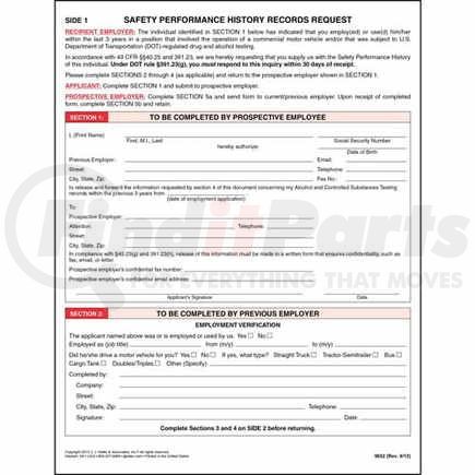 JJ Keller 9652 Safety Performance History Records Request - Padded Format - Padded format, 8-1/2" x 11"