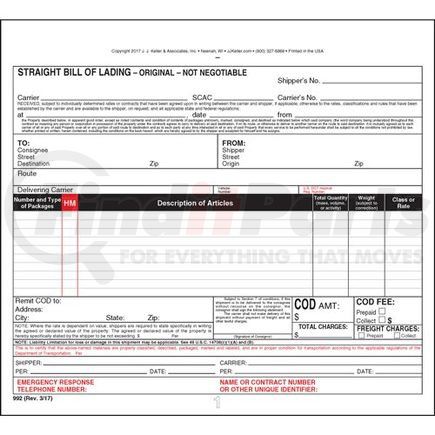 JJ Keller 992 Straight Bill of Lading - Universal Form - 4-ply, carbonless, snap-out, 8.5" x 7.75" (0.75" top tear-off)
