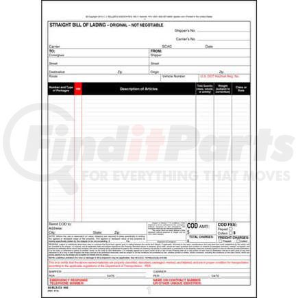 JJ Keller 993 Straight Bill of Lading - Universal Form - 3-ply, carbonless, snap-out, 8.5" x 11.75" (0.75" top tear-off)