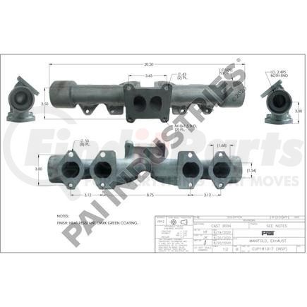 PAI 181017 - exhaust manifold - center; low mount cummins engine l10/m11/ism application | exhaust manifold
