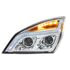 35819 by UNITED PACIFIC - Projection Headlight Assembly - LH, LED, Chrome Housing, High/Low Beam, with LED Signal Light and White LED Position Light