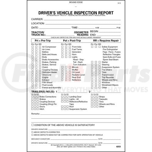 8253 By JJ KELLER - Detailed Driver's Vehicle Inspection Report With ...