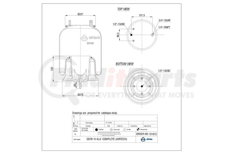 39781KALU by AIRTECH AIR SPRINGS 131612 Air Spring, Aluminum Base/Type